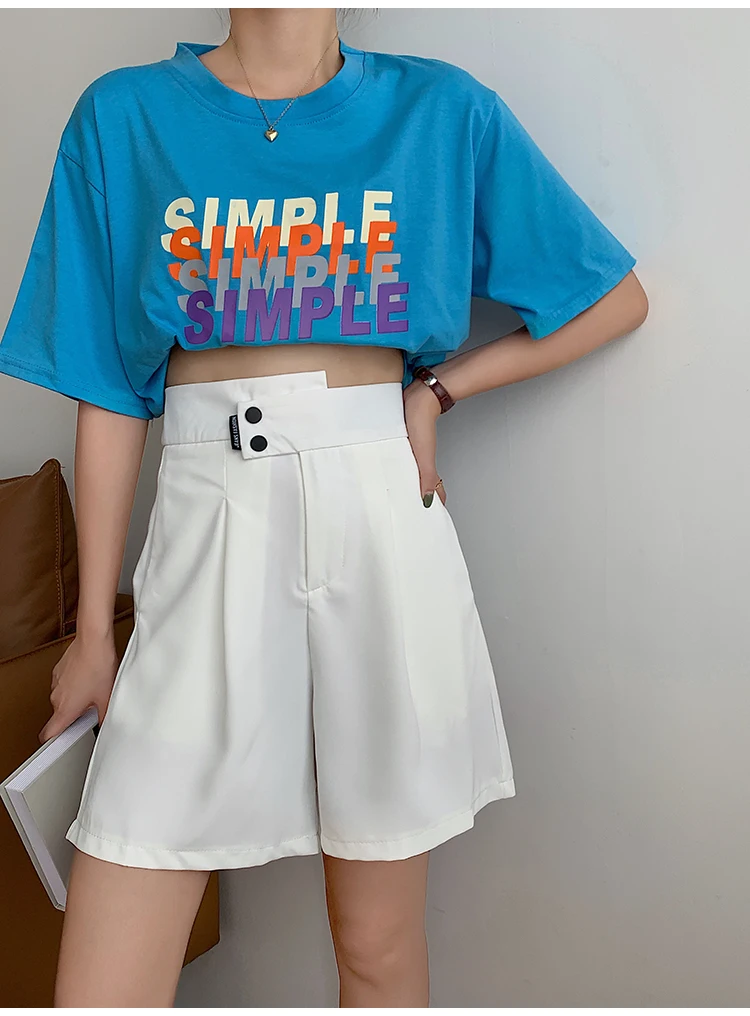 Hea538a581ca3435ea6a29f412f6c9dcdW - Summer Korean High Waist buttons Loose Solid Shorts