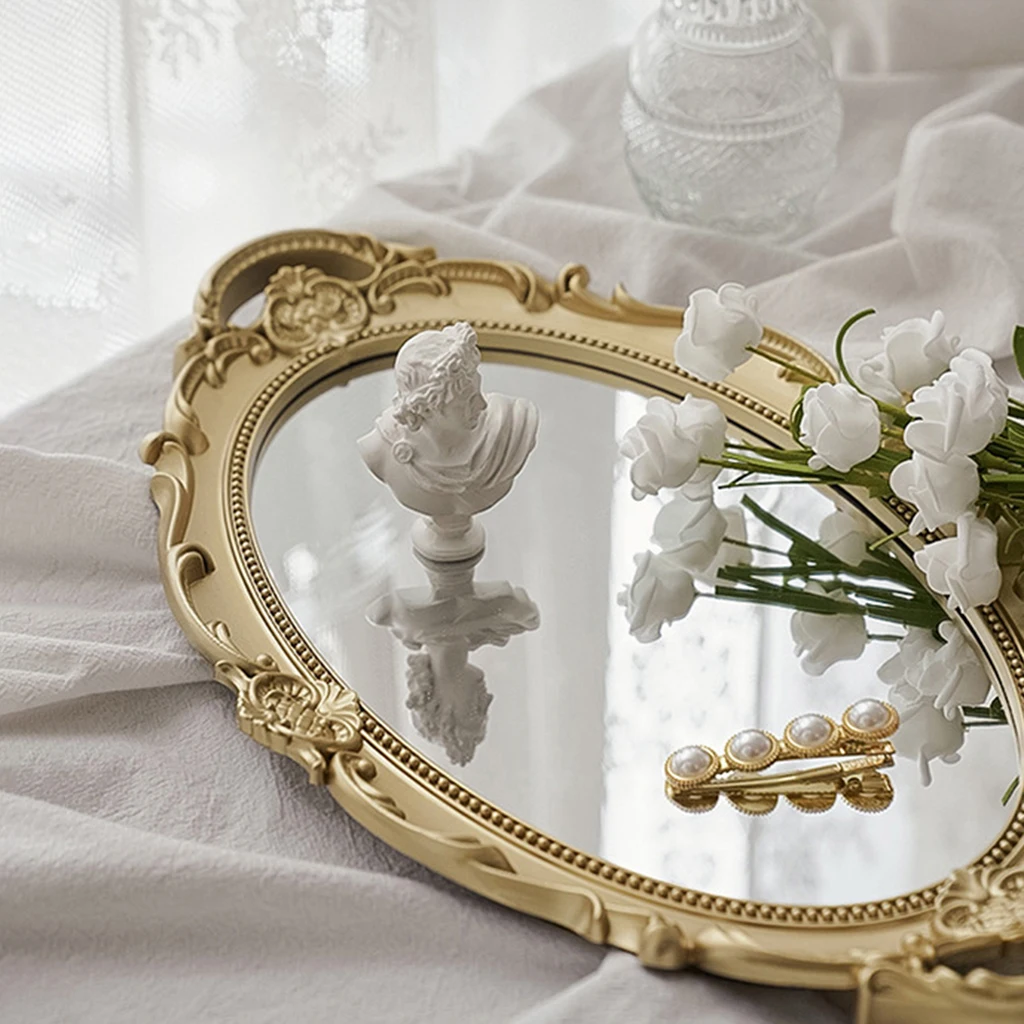 European Mirror Tray Cosmetic Perfume Storage Plates Perfume Retro Vanity Mirror Tray for Display Jewelry Dresser Mirror Decor
