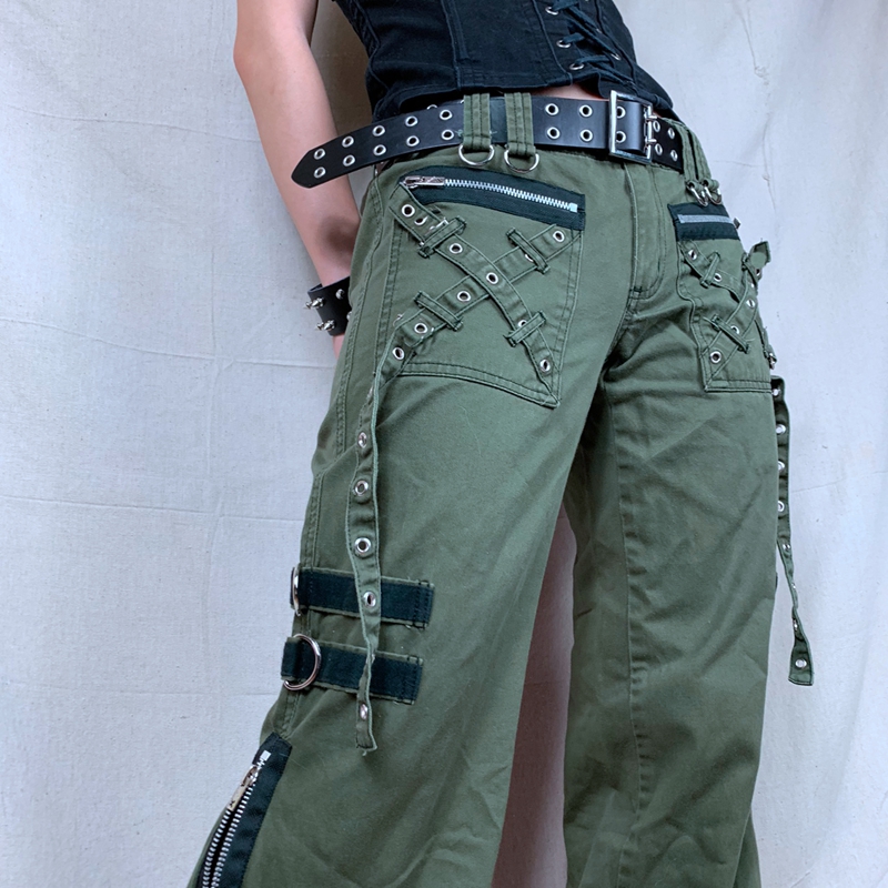 Calça jeans feminina verde com zíper, grunge