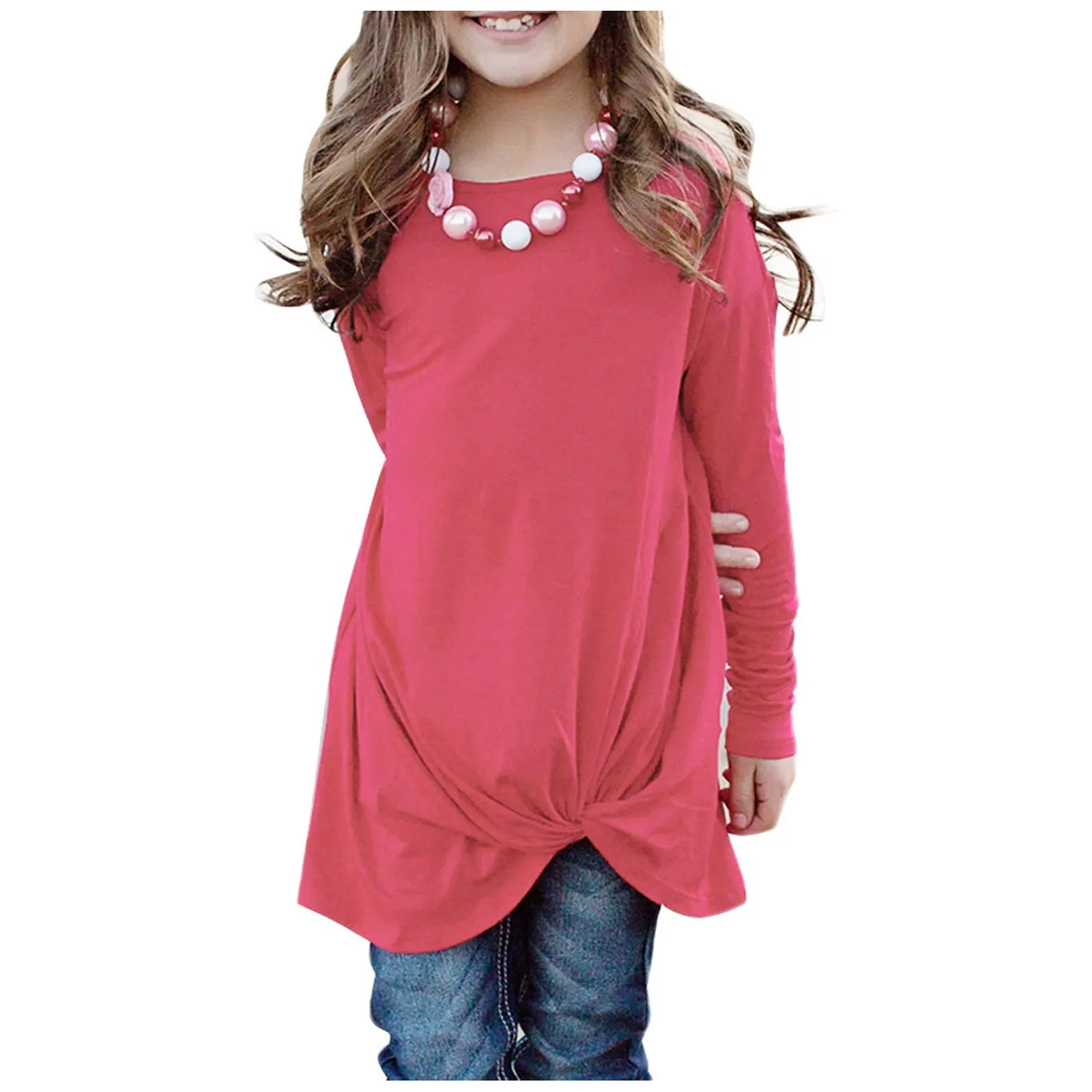 Ecokauer Girls Casual Tunic Tops Knot Front Long Sleeve Loose Soft Blouse T-Shirt Size 4-13 