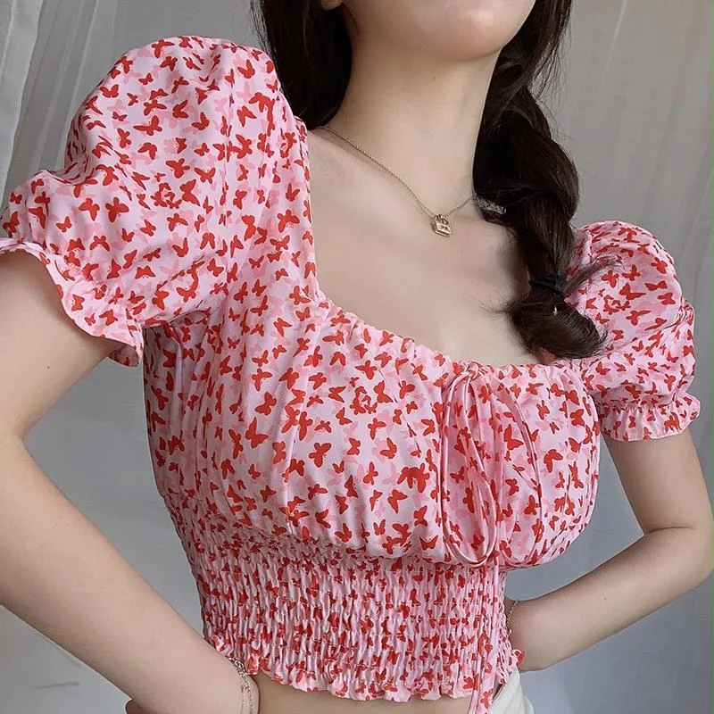 Sun-imperial Tie Front Short Sleeved Blouse With Shirred Waist In Butterfly
