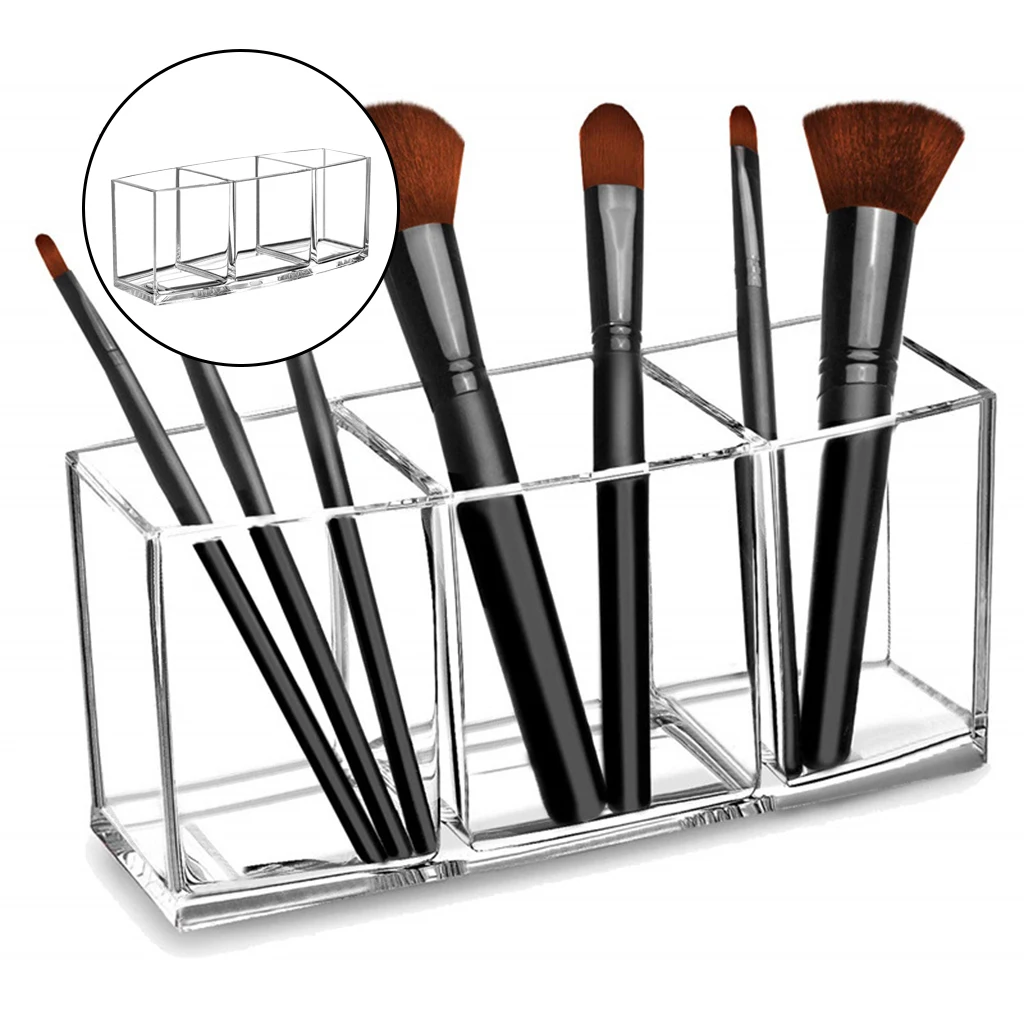 3 Slot Clear Makeup Brush Holder Organizer Acrylic Cosmetics Brushes Storage Cosmetic Storage Display Case Transparent