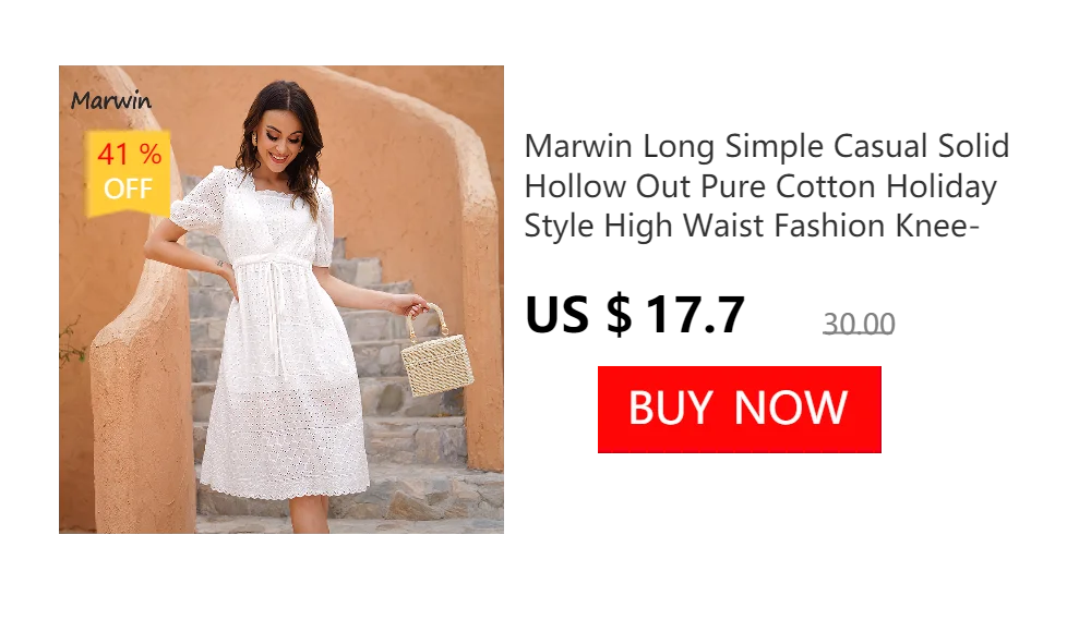Marwin Long Simple Casual Solid Hollow Out Pure Cotton Holiday Style High Waist Fashion Mid-Calf Summer Dresses NEW Vestidos
