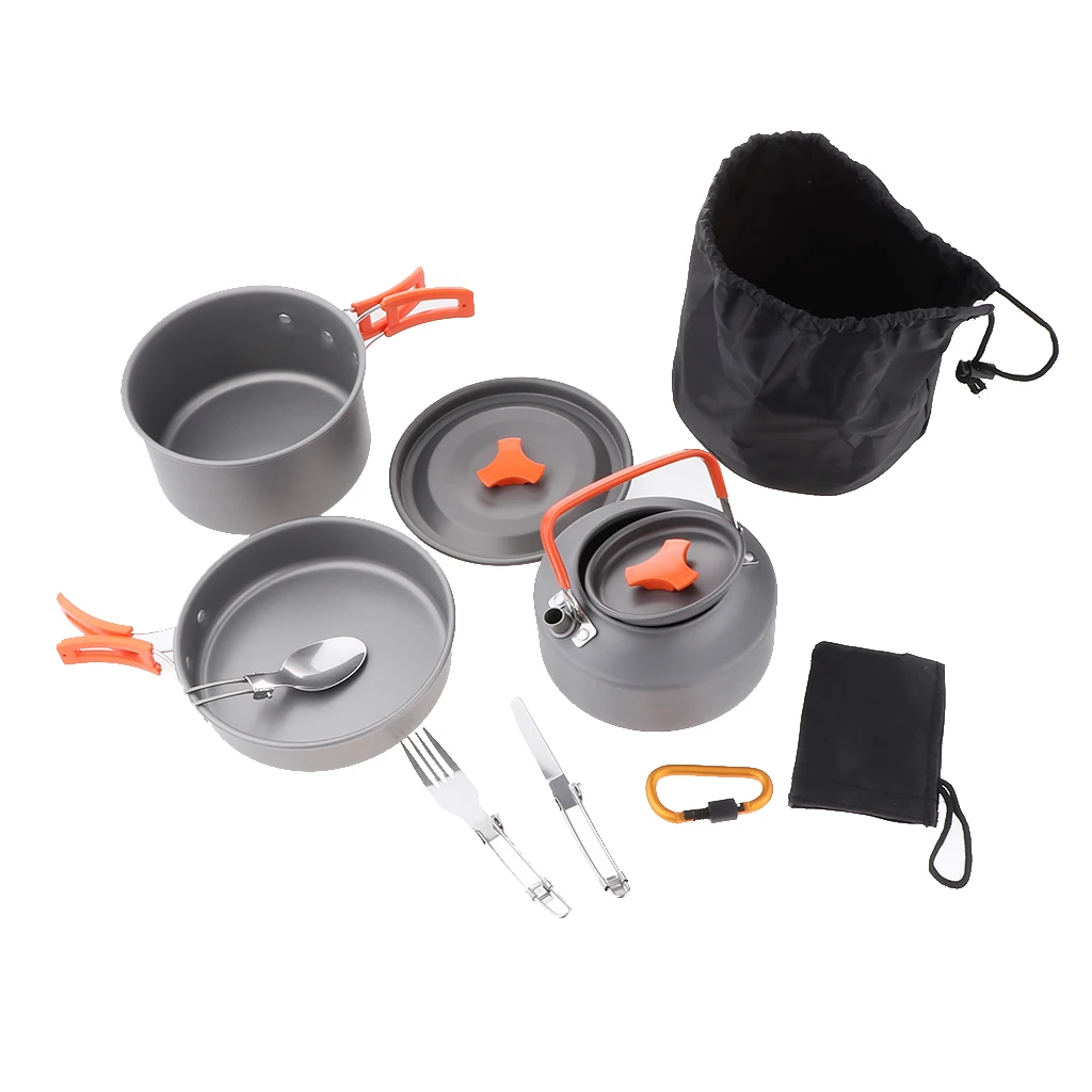 Multipurpose Aluminum Cookware Cutlery Set Camping Pot Pan Water Kettle Spoon Carabiner Camp Cooking Supplies