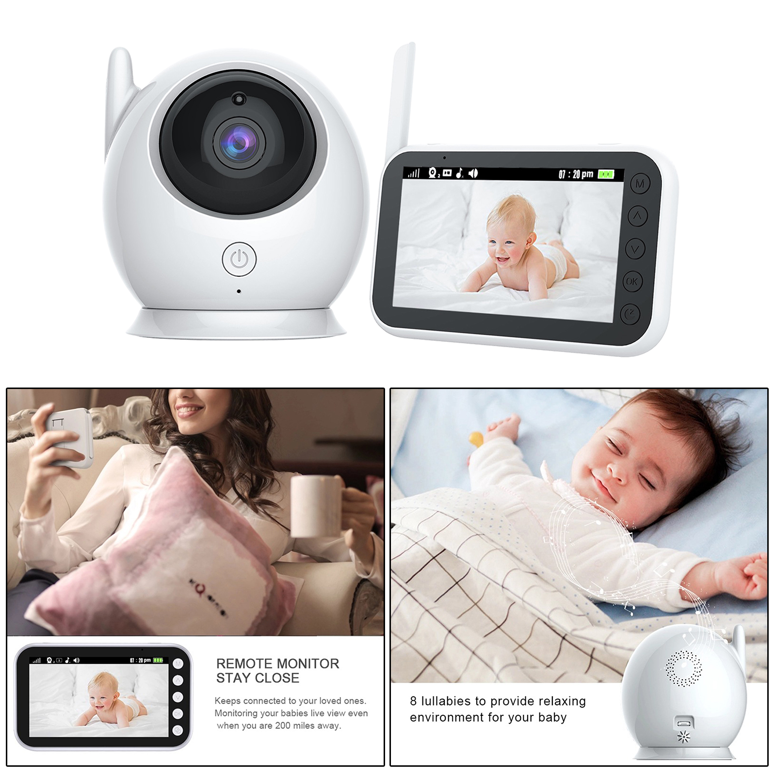 4.3 Inch Wireless Video Baby Monitor WiFi Camera Indoor 360-Degree 8 Lullabies for Parents Temperature Monitor Motion Tracking