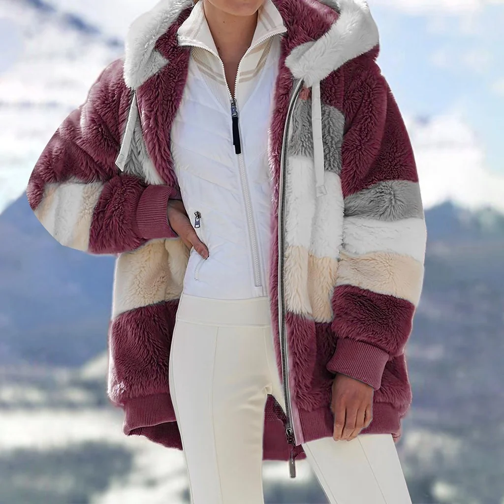 Women Fall Winter Warm Plush Hooded Coat Contrast Color Long Sleeve Zip Up Thick Cardigan Jacket 2021 E-Girls Streetwear Outwear cardigan for women