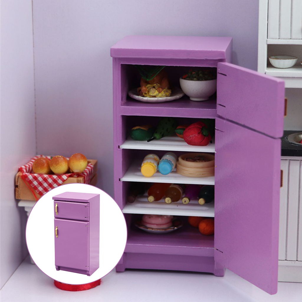 Purple 1/12 Miniature Wooden Fridge Dollhouse Accessory Kitchen Furniture