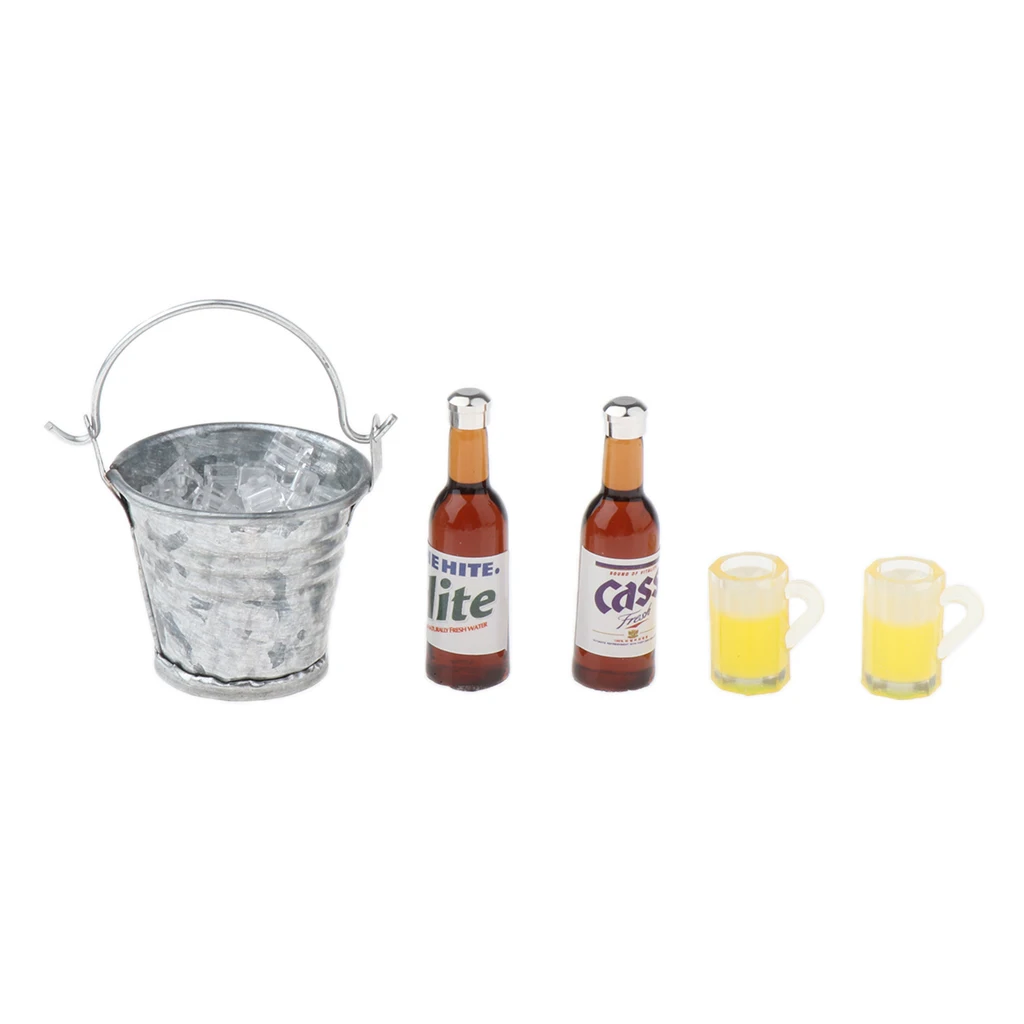 1/12 Scale Ice Bucket with Beer Bottles Mugs Set Kitchen Drinks for Dollhouse Life Scenes Decor, Kids Pretend Play Toy