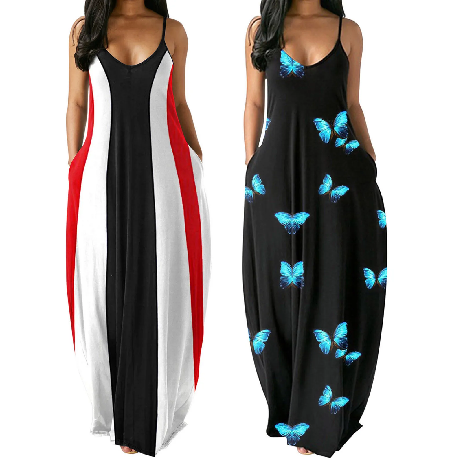 Women Plus Size Summer Sexy V-Neck Butterfly Print Sleeveless Pullover Long Dresses Off Shoulder Beach Holiday Party Wear Robe monsoon dresses