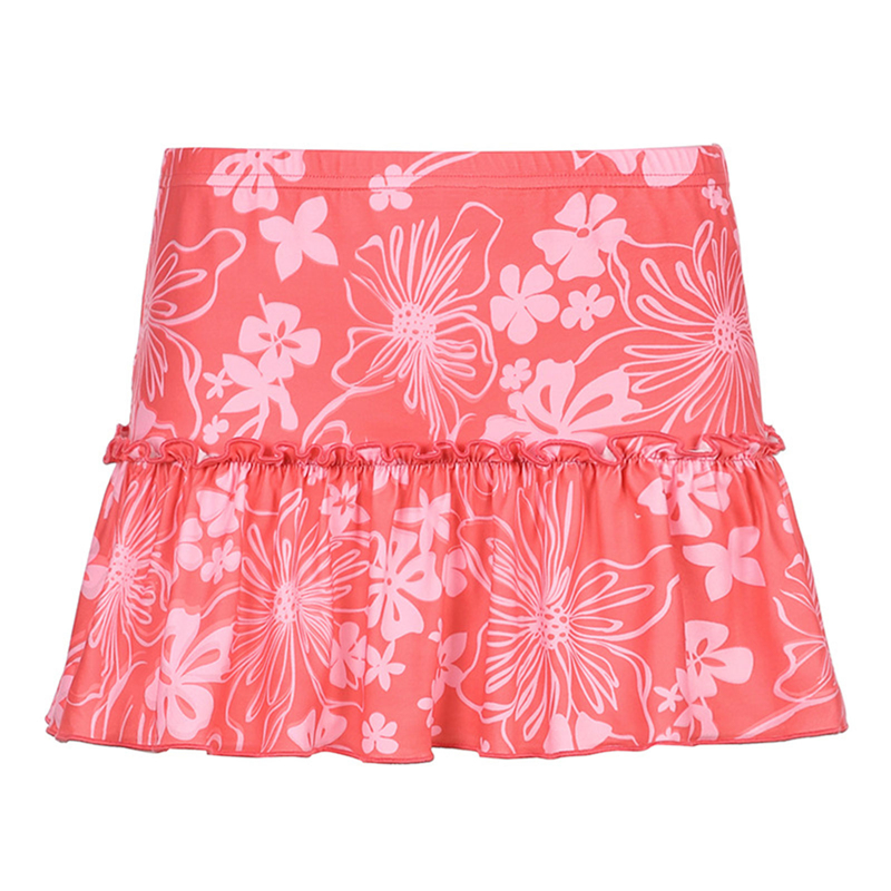 Women's A-Line Mini Skirt 90S High Waist Floral Print Frill Trim Above Knee Short Skirt Y2k Style Skirts Streetwear