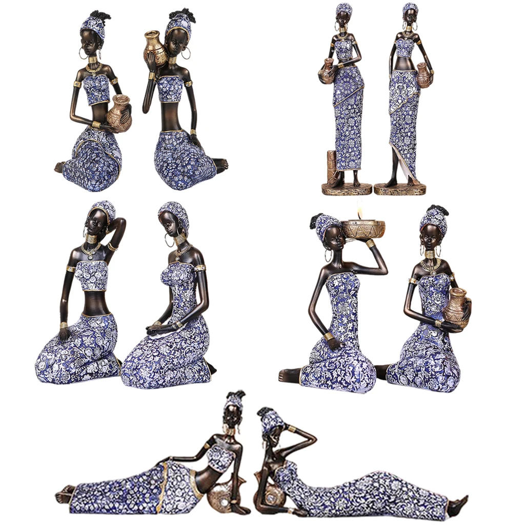 2 Pcs Exquisite Resin African Female Figurine Sculpture Tribal Lady Statue
