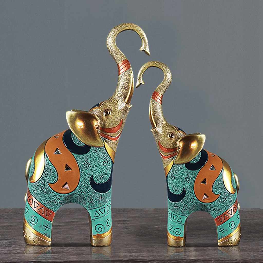 Resin Good Luck Elephant Statue Fengshui Good Fortune Elephants Sculpture TV Stand Tabletop Figurine Ornament Office Craft