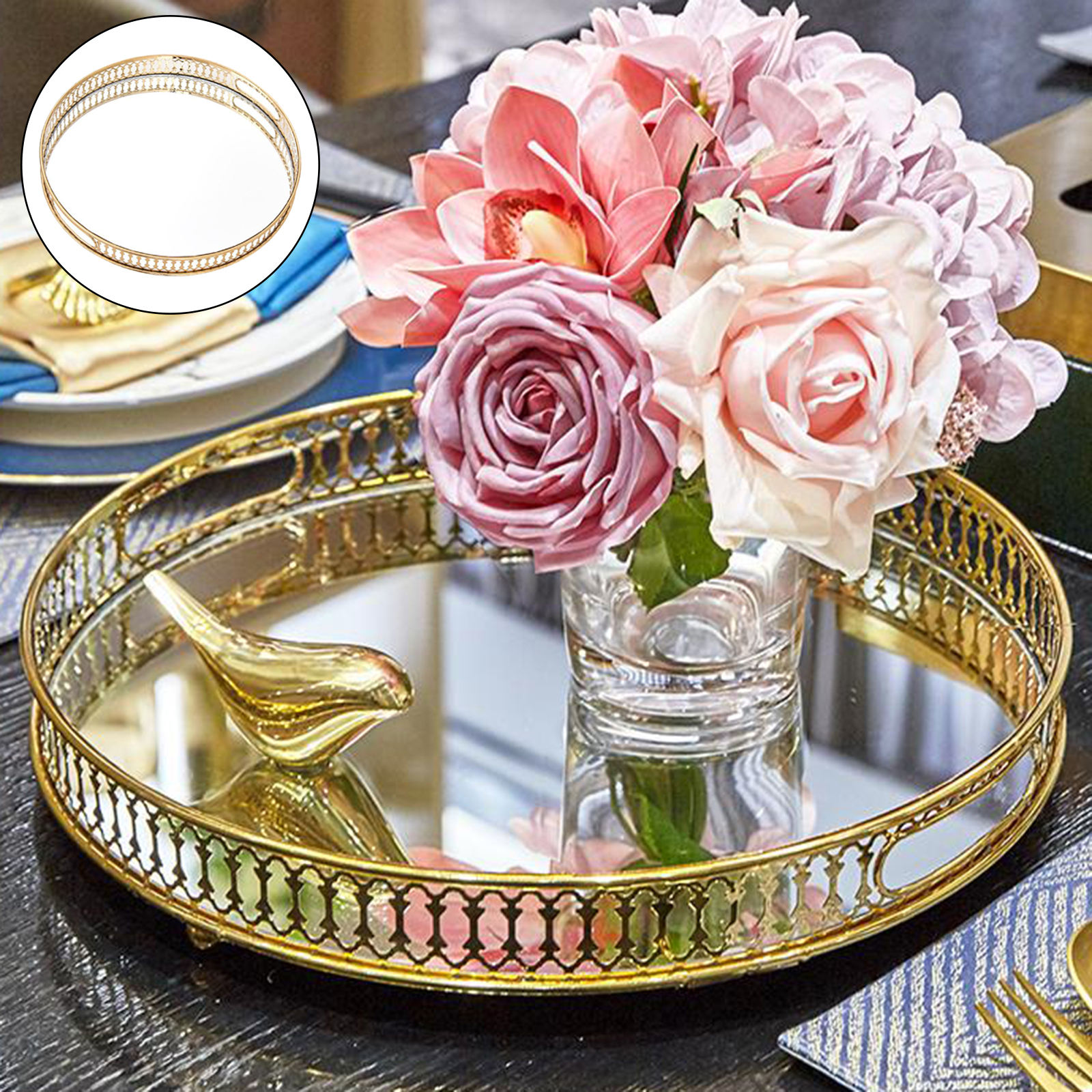 Round Vanity Tray Dresser Ornate Tray Home Wedding Decorative Mirrored Tray Jewelry Perfume Makeup Perfume Organizer