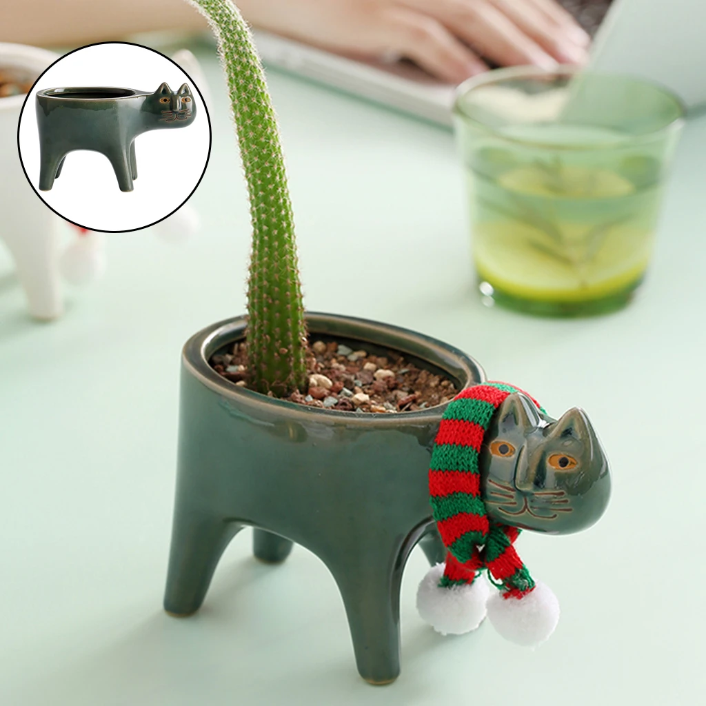 Creative Cat Tail Ceramic Flower Planter Pot Micro Landscape Cactus Succulent Pots Flowerpot with Drainage Hole Decorative