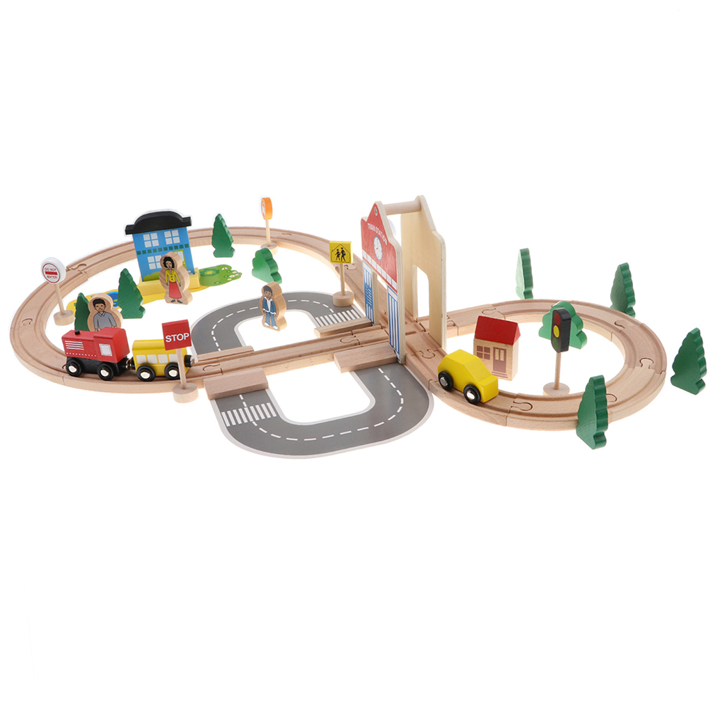 Wooden 50PCS Train Railway Tack Set - Kids Train Car Push Along Playset Toy