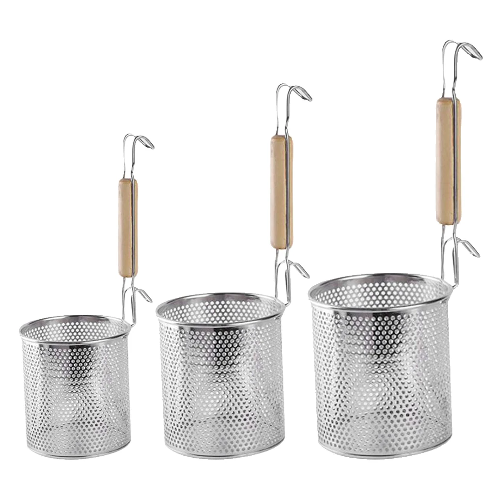 Stainless Steel Noodle Food Strainer with Hook and Wooden Handle, Strainer Basket for Dumpling Udon Vegetables Pasta