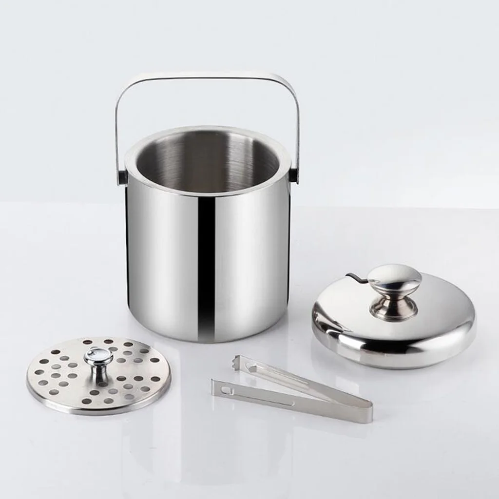 1.3L Double Walled Ice Bucket Stainless steel Ice Cube Container with Ice Tong Clip Lid for Storage and Bar Cooler