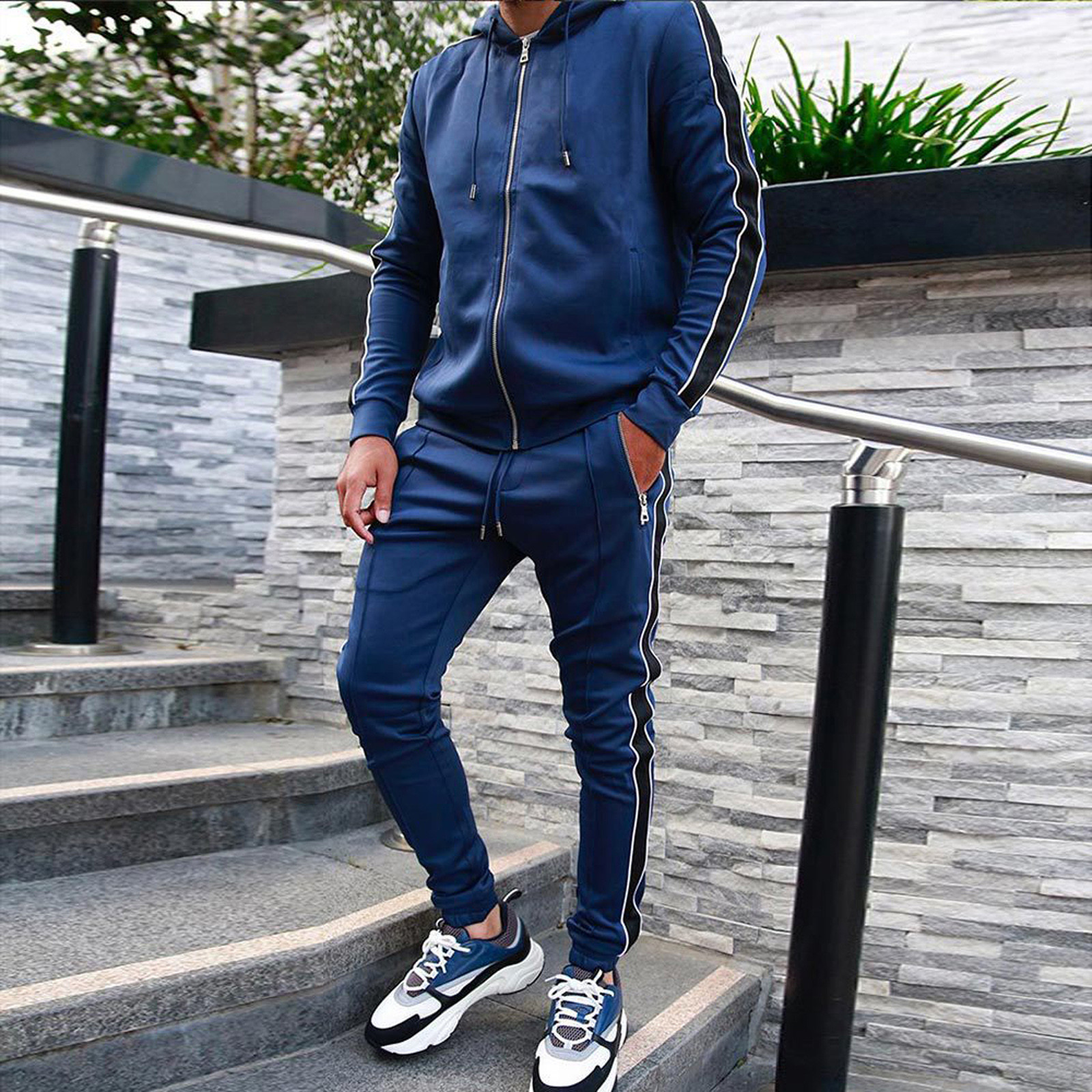 Men Tracksuit Hoodie With Pockets And Zip Solid Colour Patchwork Suit