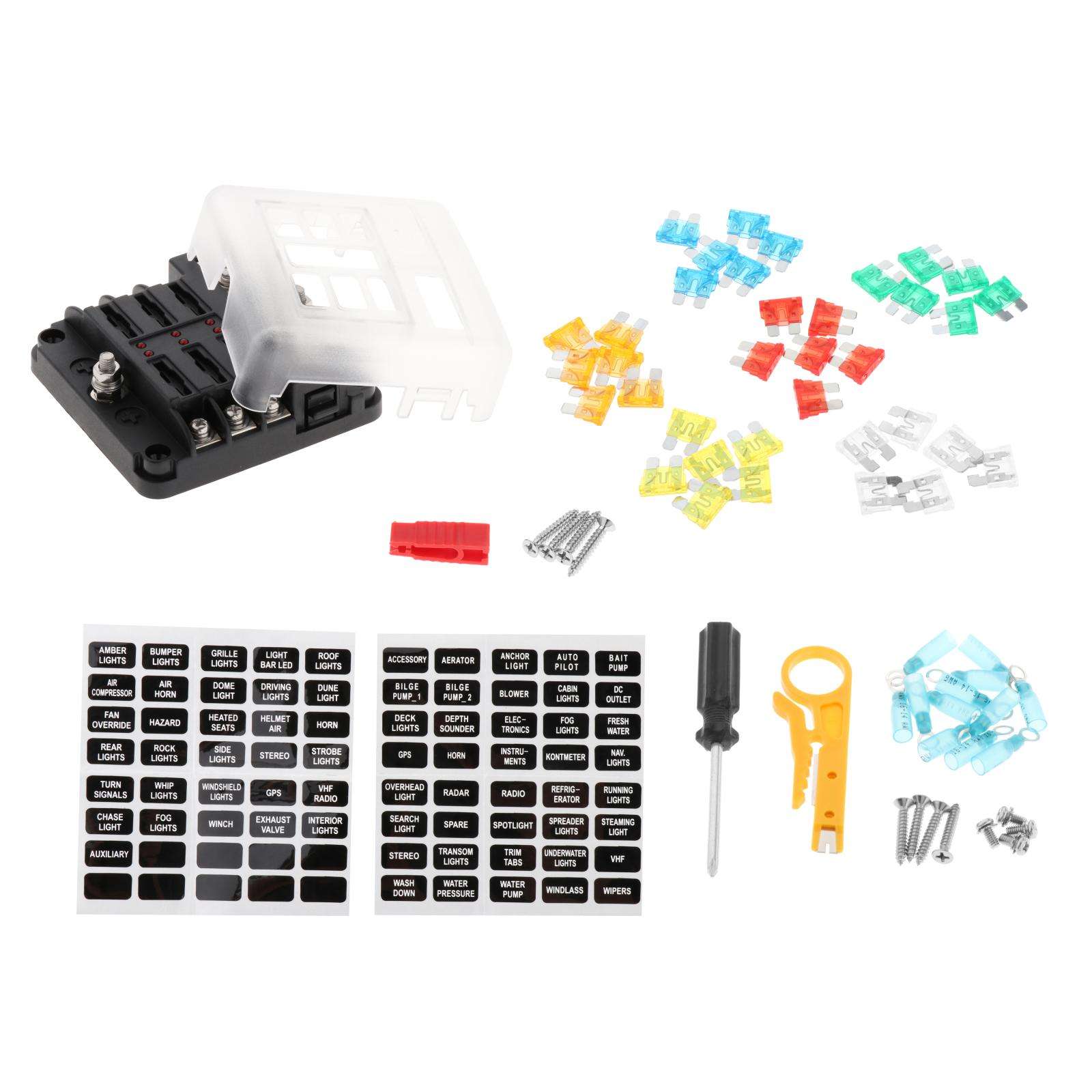 Car LED Fuse Box PBT with Protection Cover Damp-Proof Atc/Ato 6 Way Blade Fuse Block Fit for ship Automotive Yacht Truck RV Van