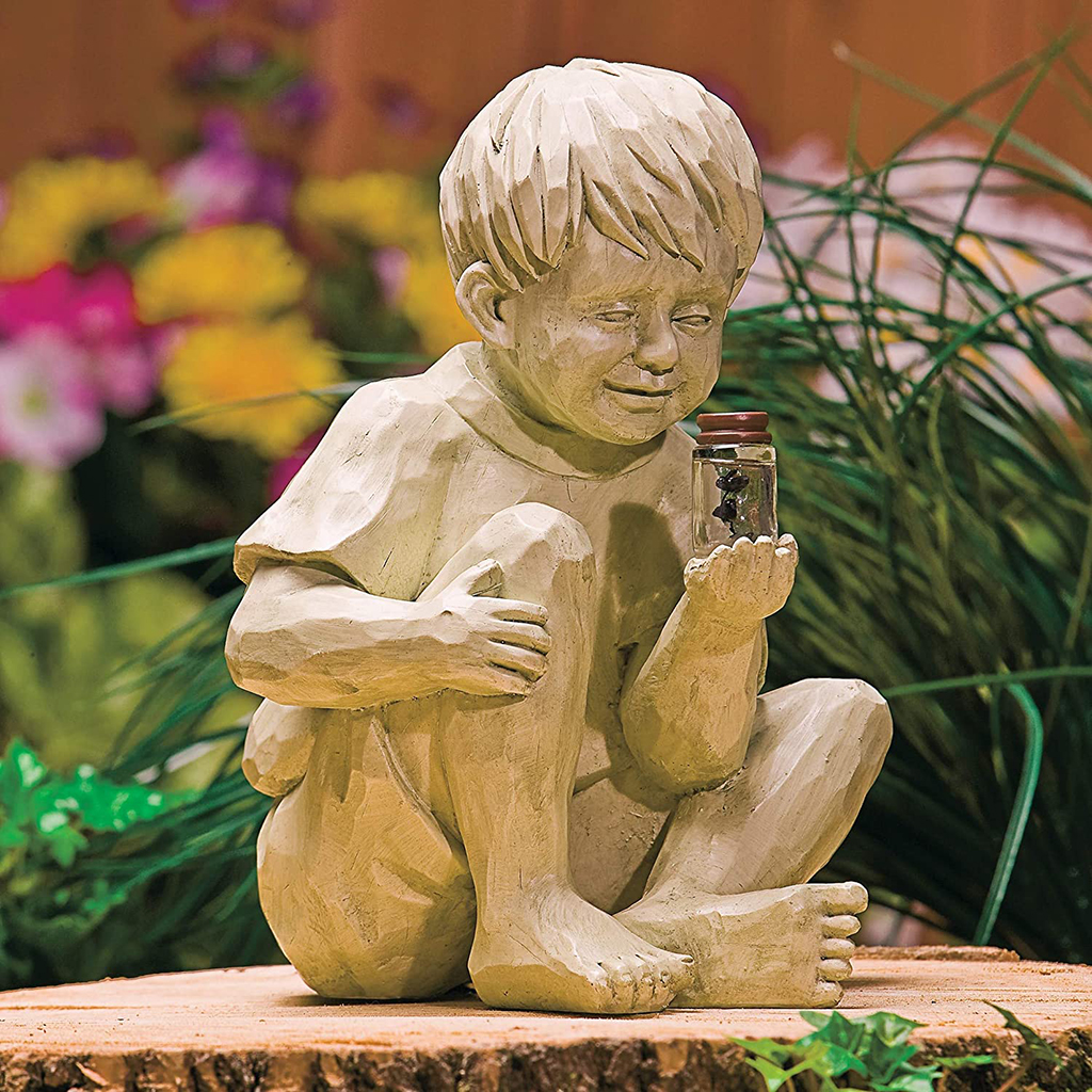 Resin Garden Kids Statues w/ Lighted Jar Figure Desktop Ornament Decor