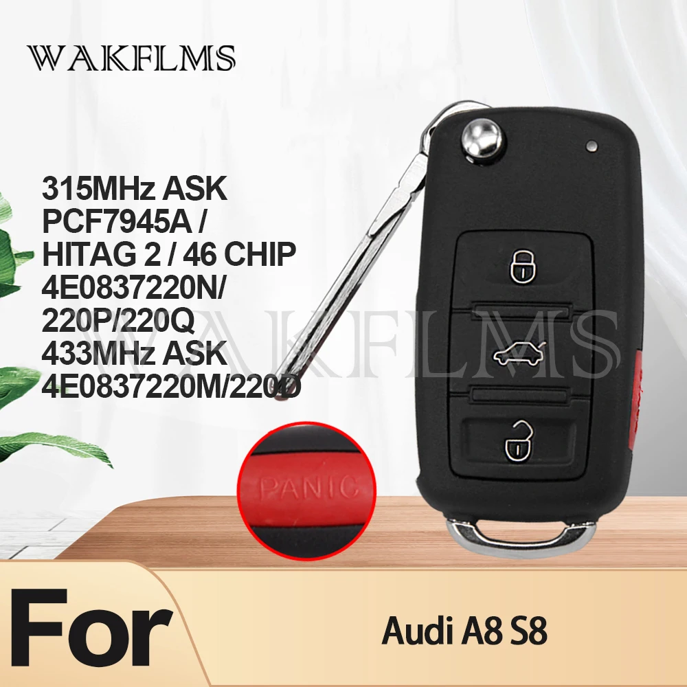 Keyless Entry Smart Remote Key Fob ID46  4E0837220B/J/L/D/M/E/N For Audi A8 S8 2003 2004 2005 2006 2007 2008 2009 315&433MHz