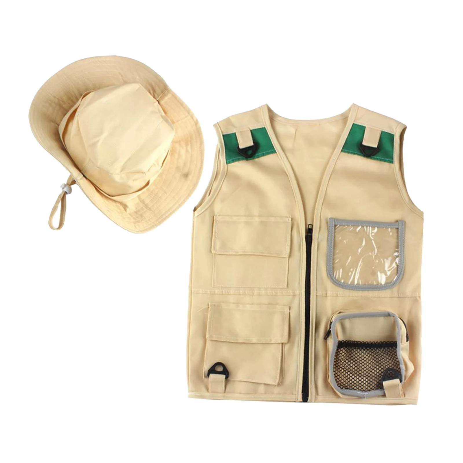 Young Kids Khaki Cargo Vest And Hat Set Explorer Dress Up for Park 