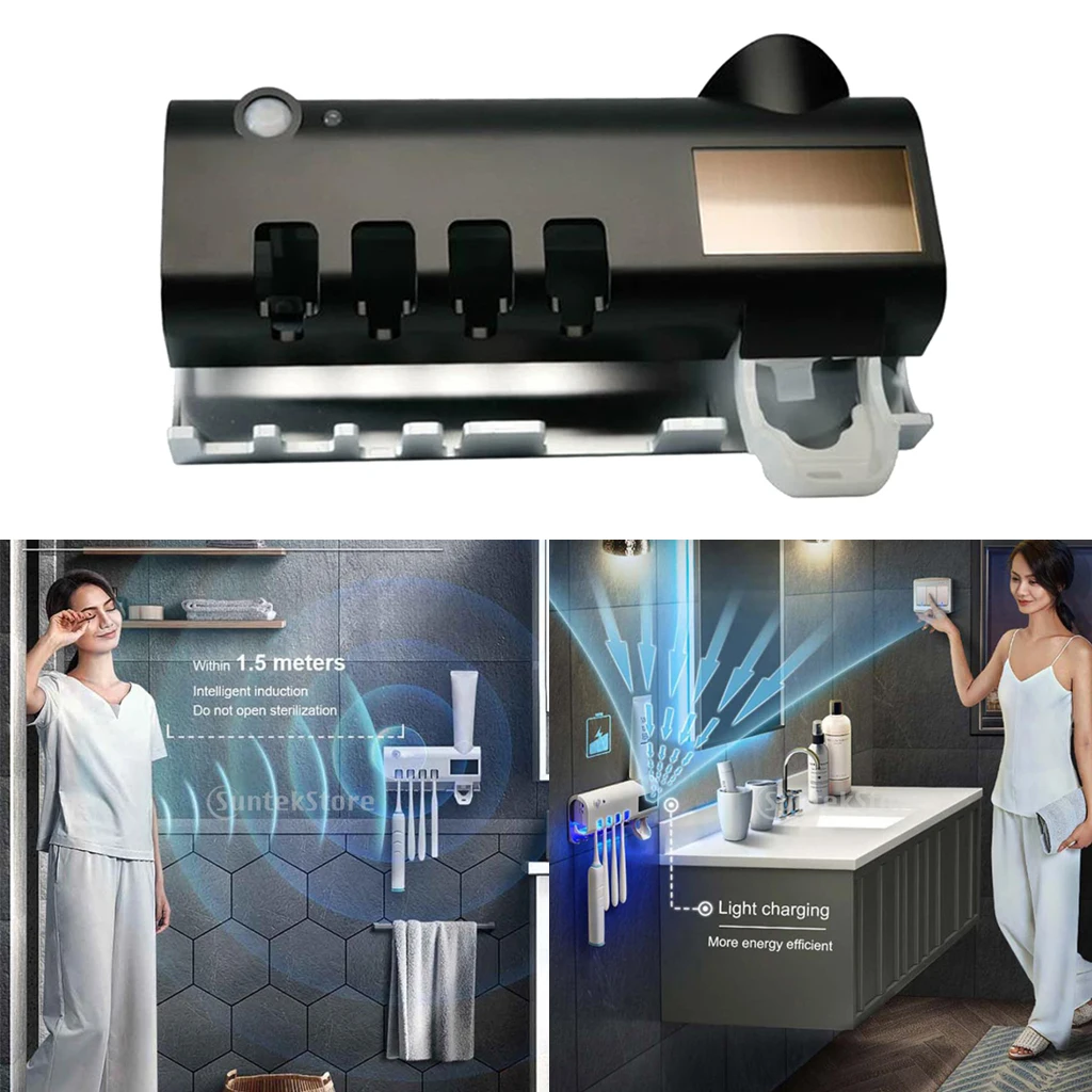 UV Toothbrush Sanitizer Bathroom Toothpaste Dispenser Holder Solar Powered and USB Charging
