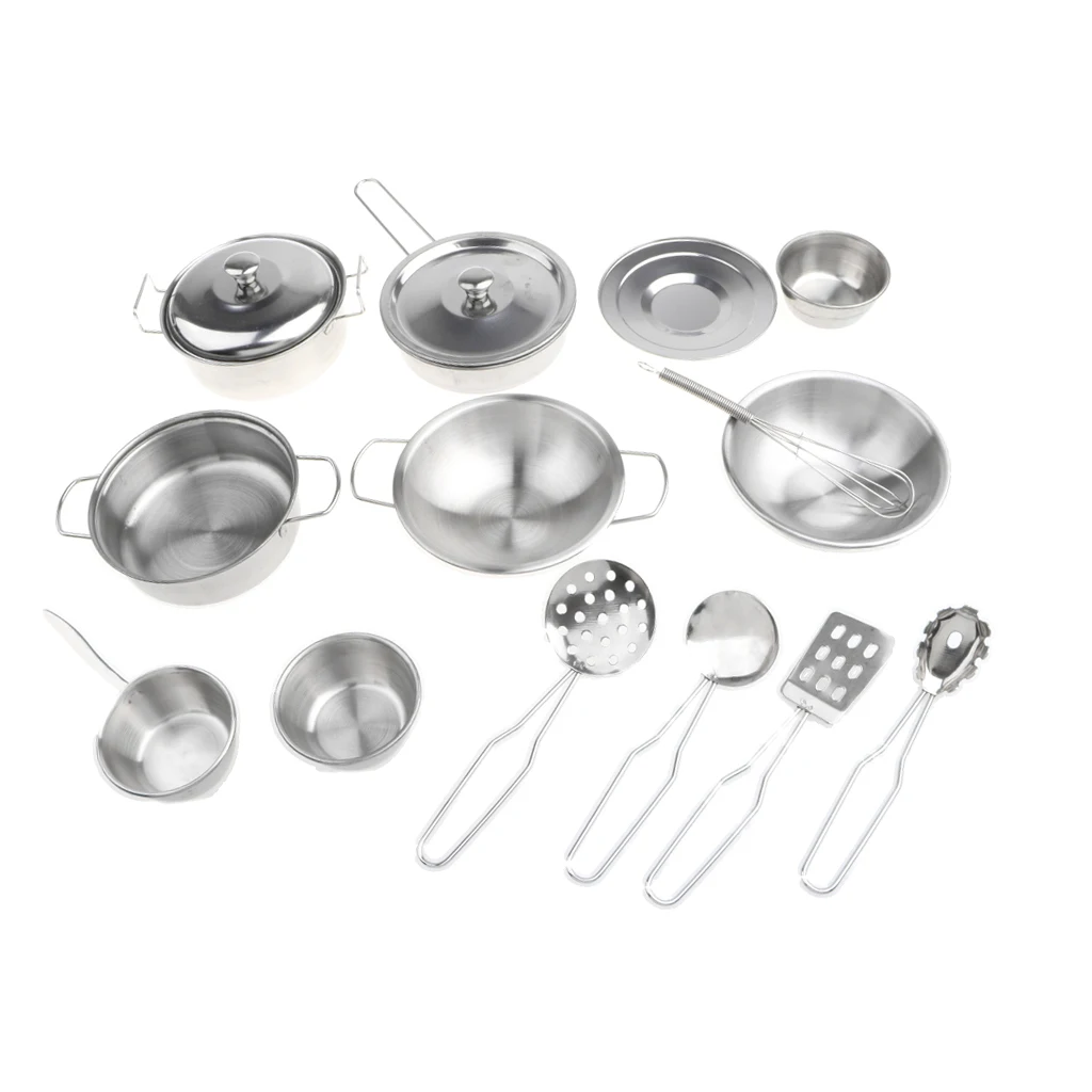 16pcs Stainless Steel Cookware Kitchen Toy Kids Pretend Play House Sets