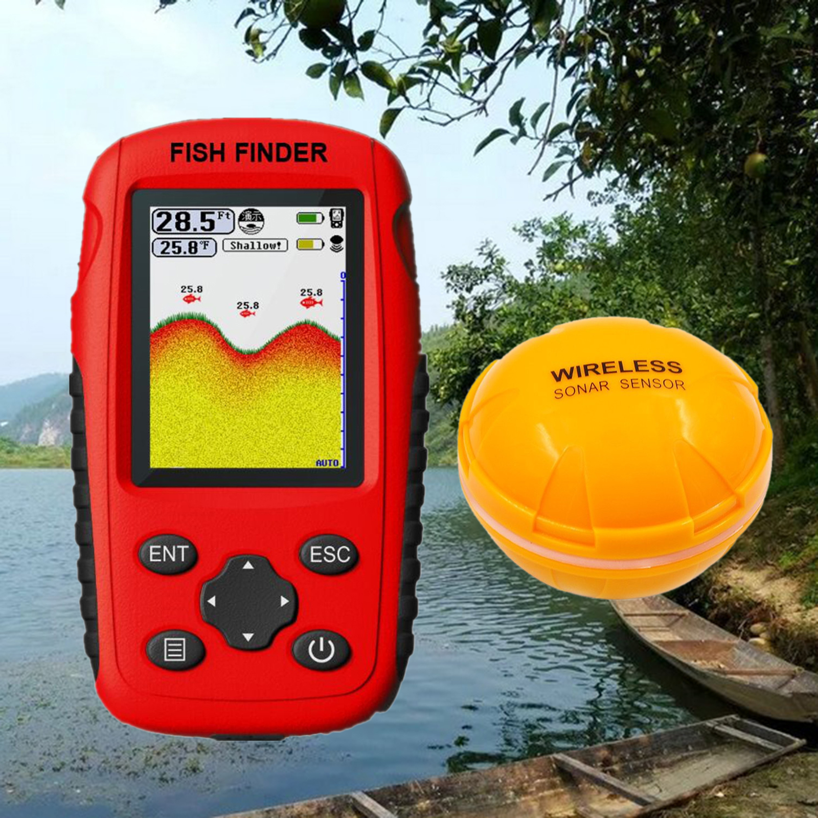 Portable Fish Finder Wireless Sonar Sensor Fishfinder Depth Locator with Fishes Size, Water Temperature, Bottom Contour Display
