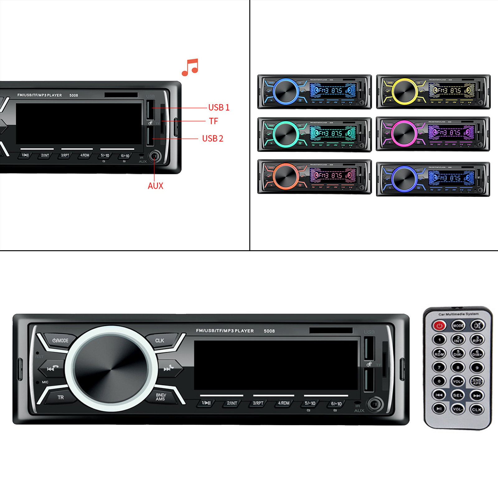 Car Radio with Bluetooth Hands-free System and Remote Control 1 DIN Car Radio MP3 Player Fast Charging Digital Media Player