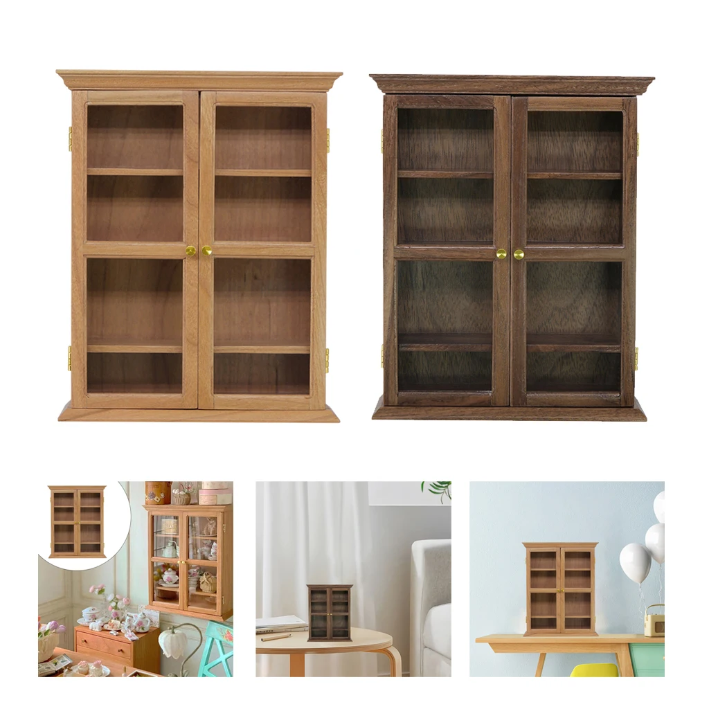 2 Pieces 1/6 Dollhouse Mini Furniture Wall Display Cabinet Bookcase Wood