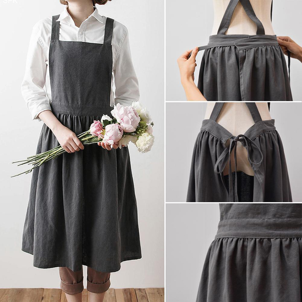 1pc Retro Women Cotton&Linen Apron Strap Pinafore Dress Restaurant Suit Home