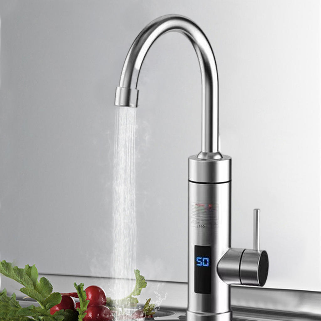 Stainless Steel Electric Tankless Water Heater Heating Tap LED Digital Display Hot/Cold 3000W Hot Water Faucet 360° for Kitchen