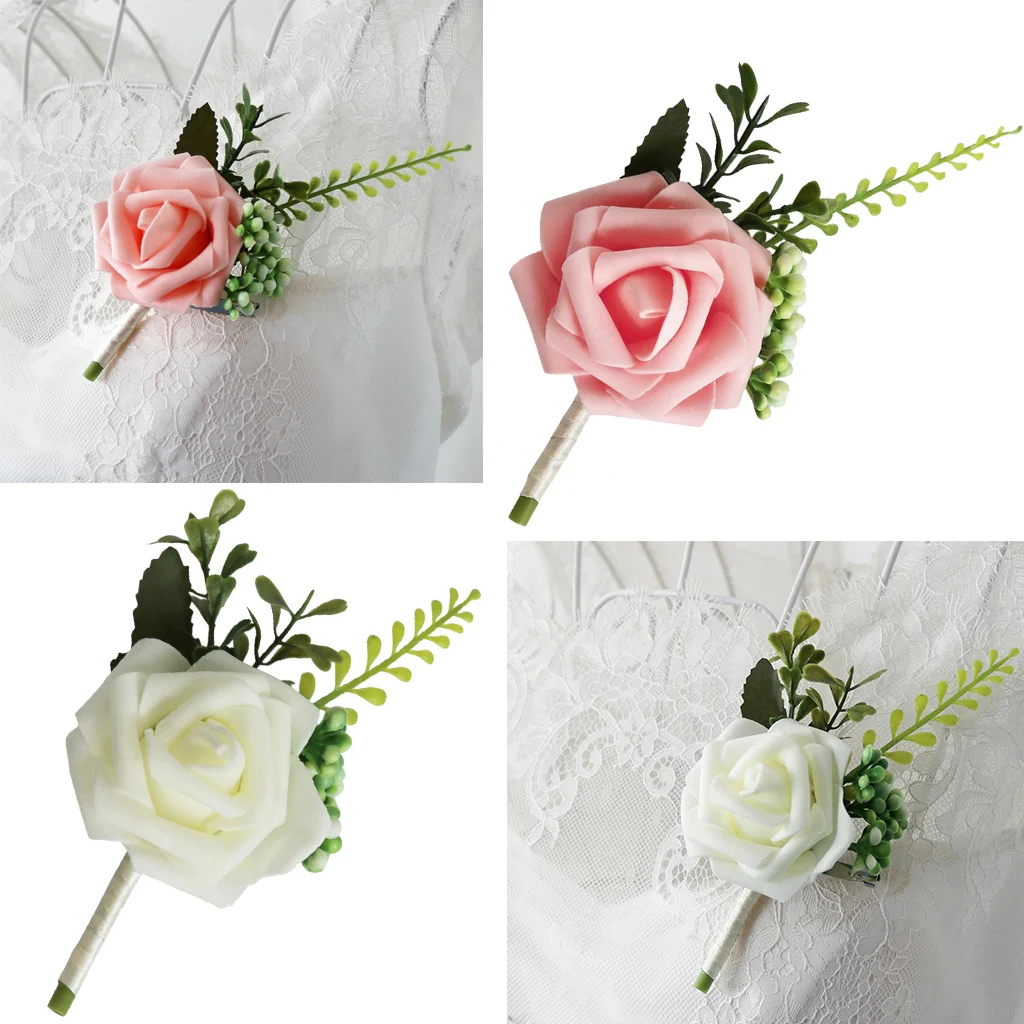 Wedding Boutonniere Artificial PE Rose Flowers Corsages for Bride Groom Groomsmen Bouquet Brooch