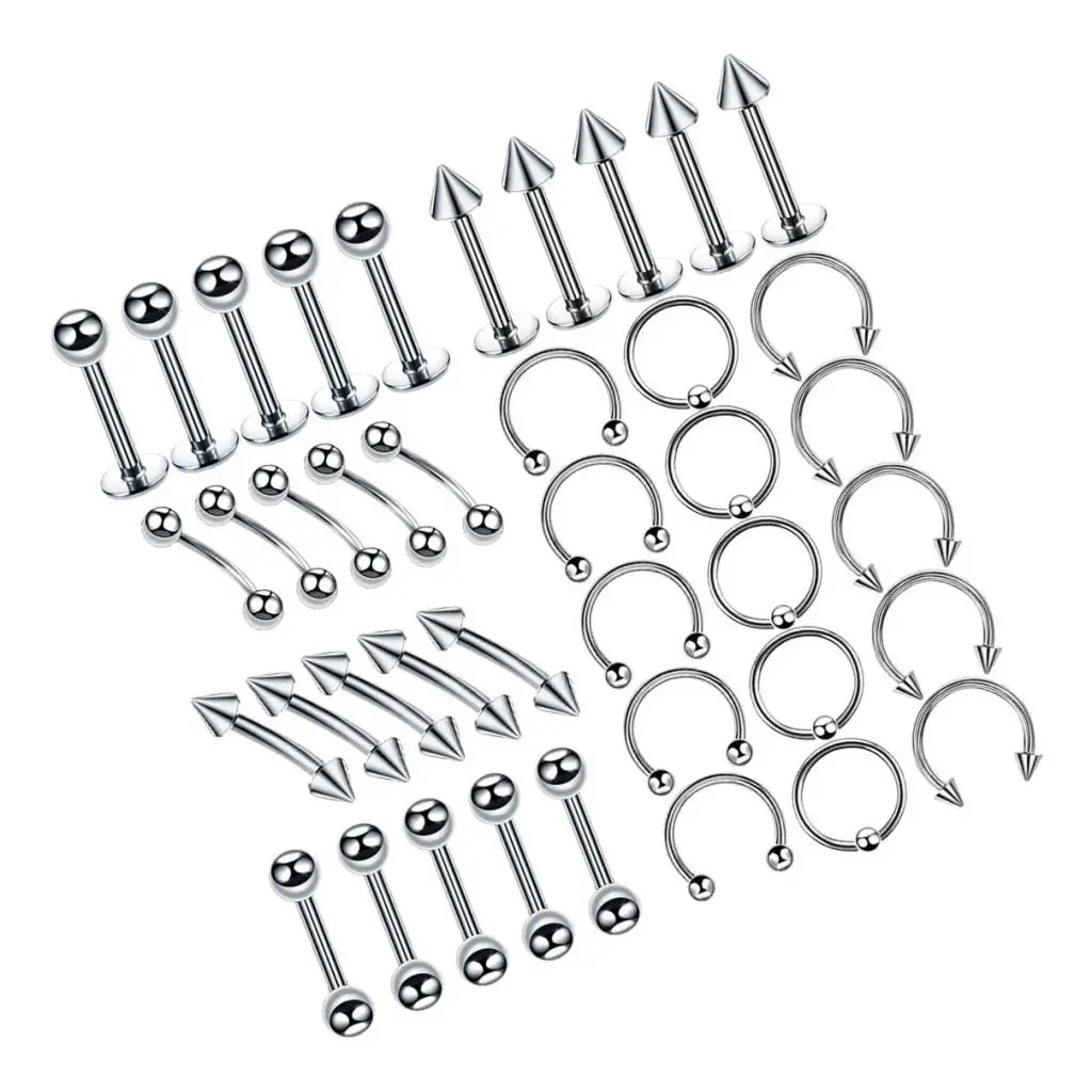 40Pcs Unisex 16G Stainless Steel Curved Eyebrow Ear Navel Belly Lip Nose Ring Studs Hoop Nose Studs Piercing Jewelry Kit Silver