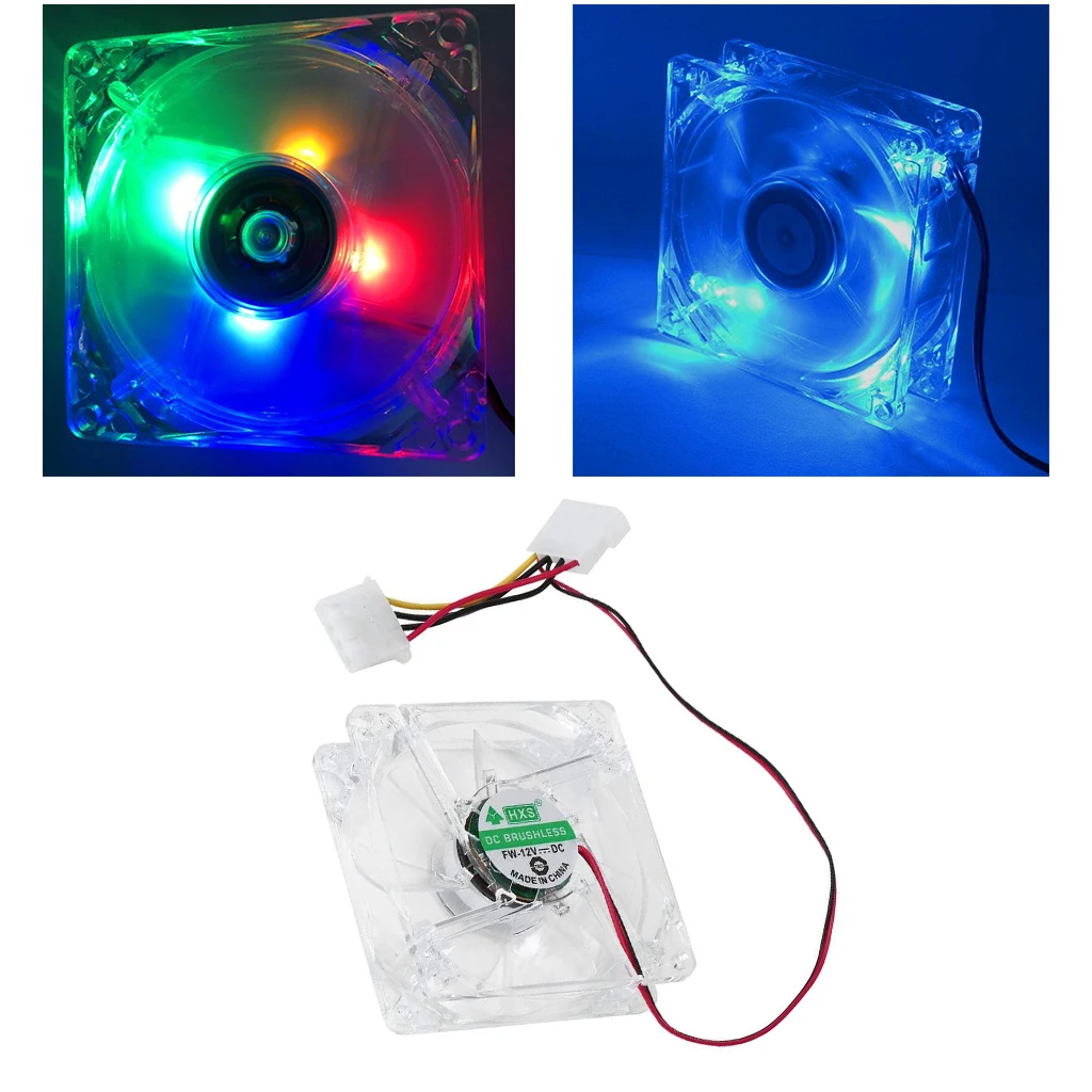Computer Fan 4 LED 80mm 8025 Silent PC Computer Case Cooler Fan
