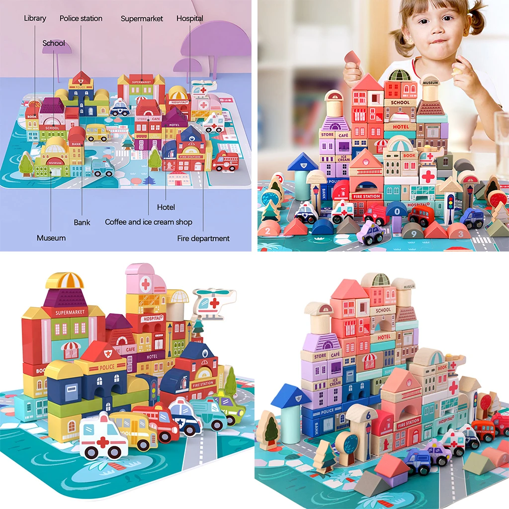 Wooden Building Blocks Early Construction Stackable Bricks Toy Geometric Colored Shape  Birthday Gift