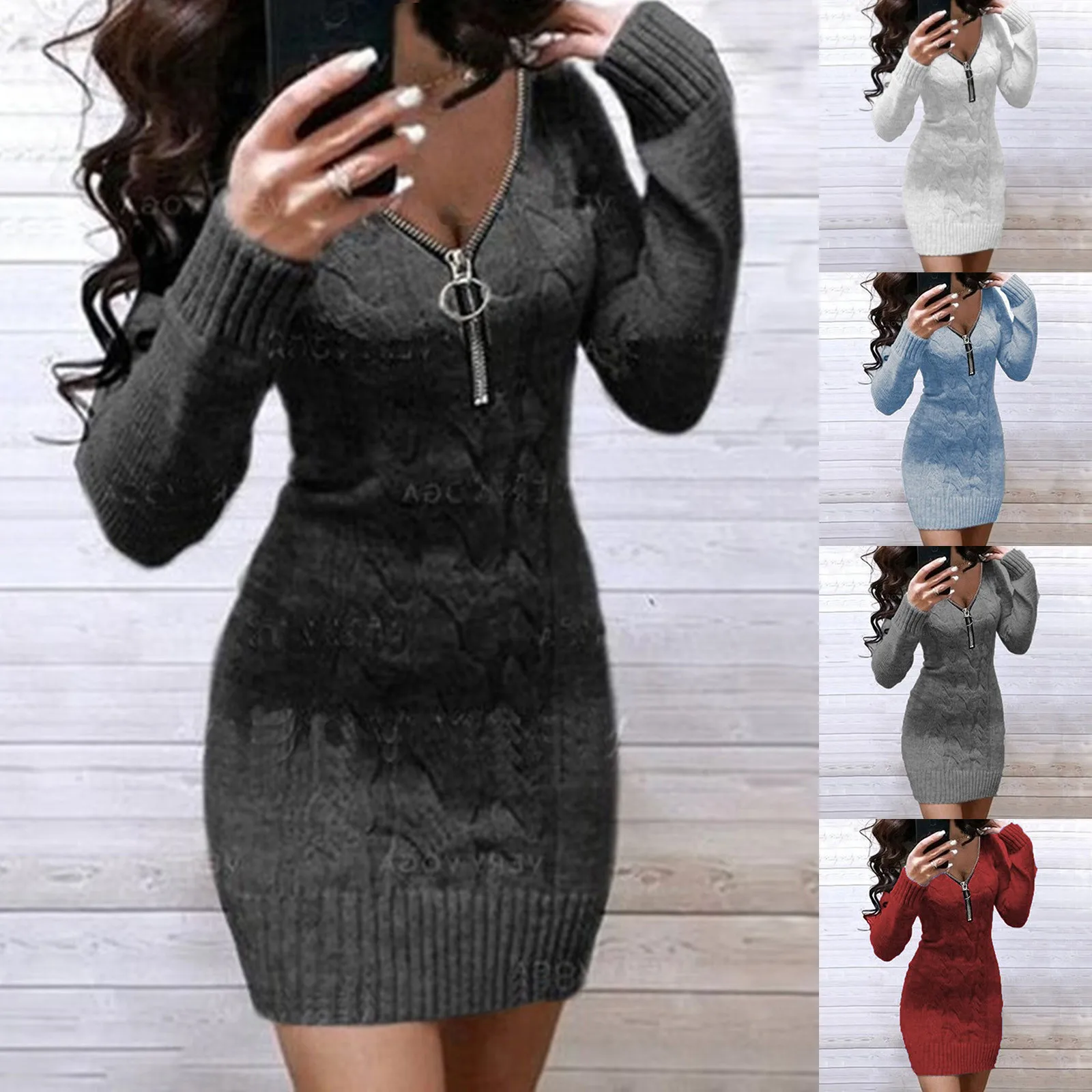 Fashion Knit Sexy V-Neck Zipper Warm Skinny Elegant Mini Sweater Dress