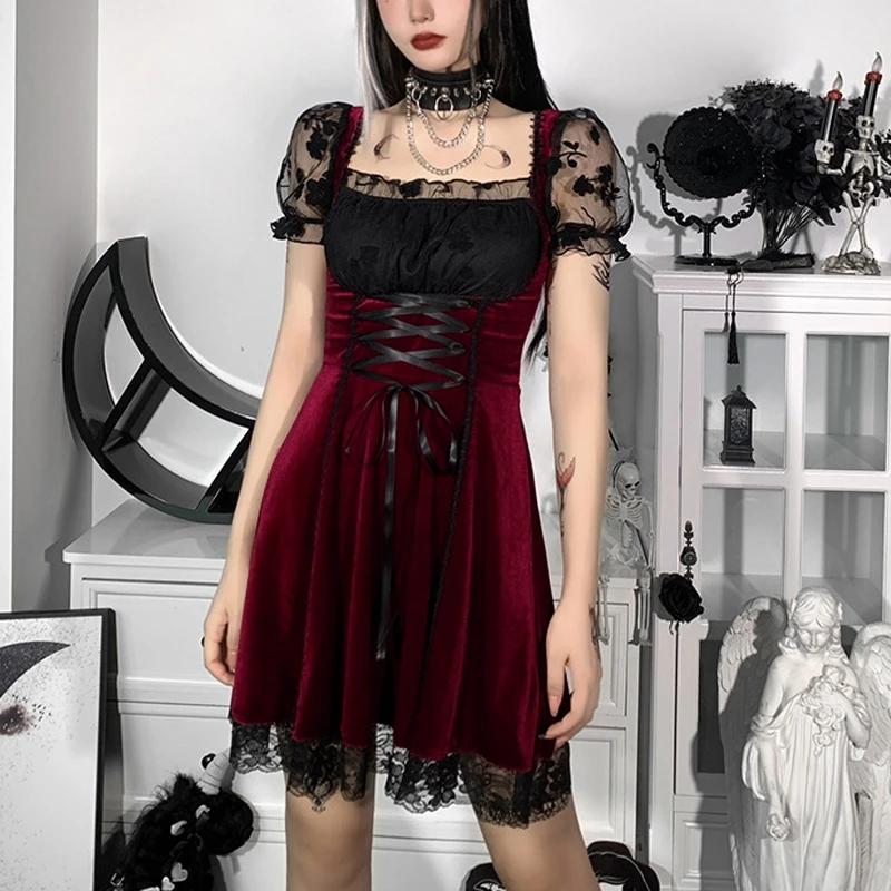 Women Bodycon Gothic Dress Lace Square-Neck Short Bubble Sleeve Slim Waist Skirt Sexy Party Elegant Button Party Slim Dresses