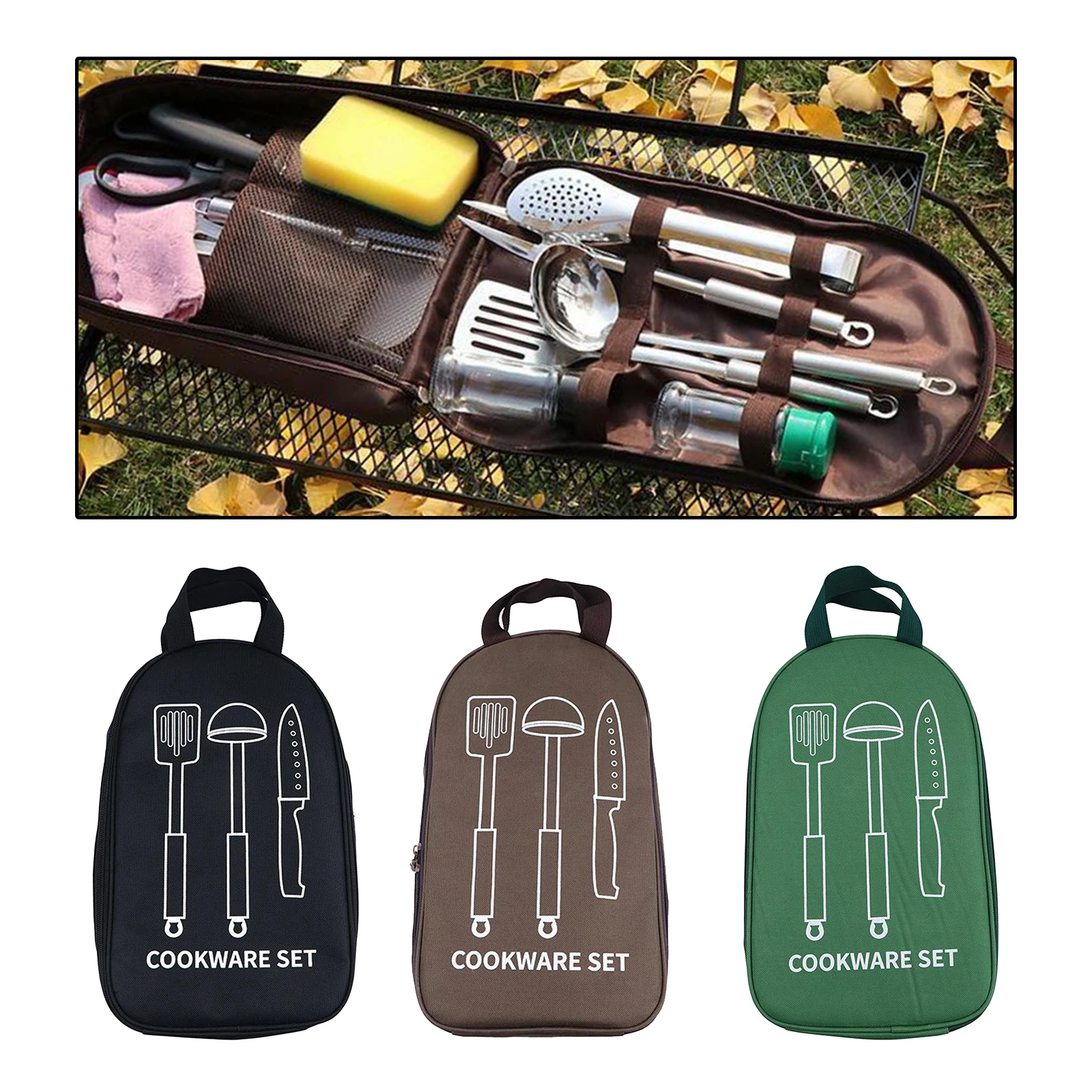 Camping Utensils Organizer Carry Bag Outdoor Cooking Camp Picnic 18-Piece Travel Cookware Set Compact Portable Bag Storage Pouch
