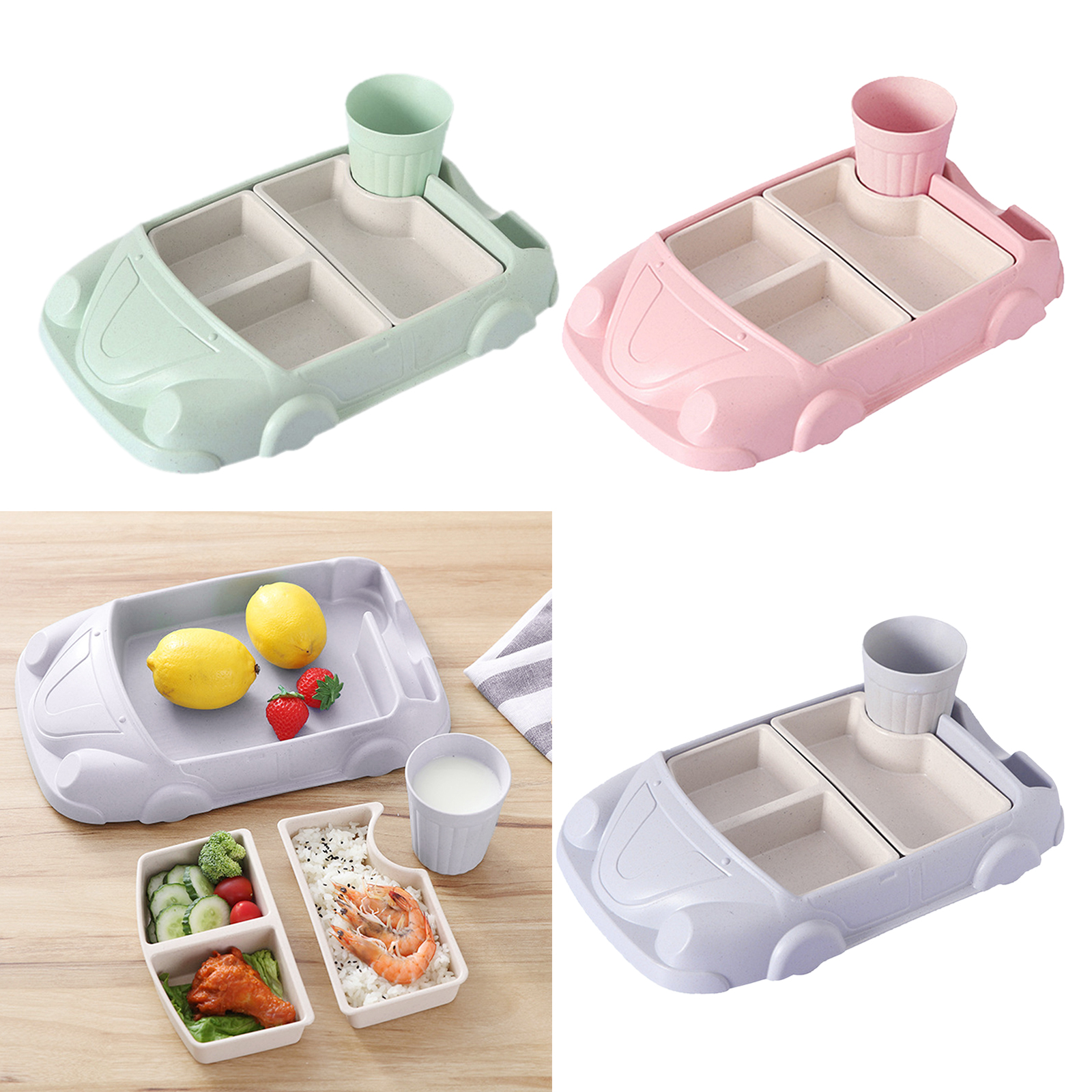 Cartoon Car-Shaped Bamboo Dinner Set 4 Piece Set for Kids and Toddlers Plate