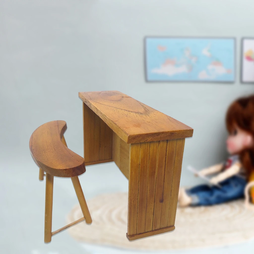 1:12 Miniature Dollhouse Mini Wooden Handmade Stool and Desk Set Dollhouse Furniture Ornament Dollhouse Accessories