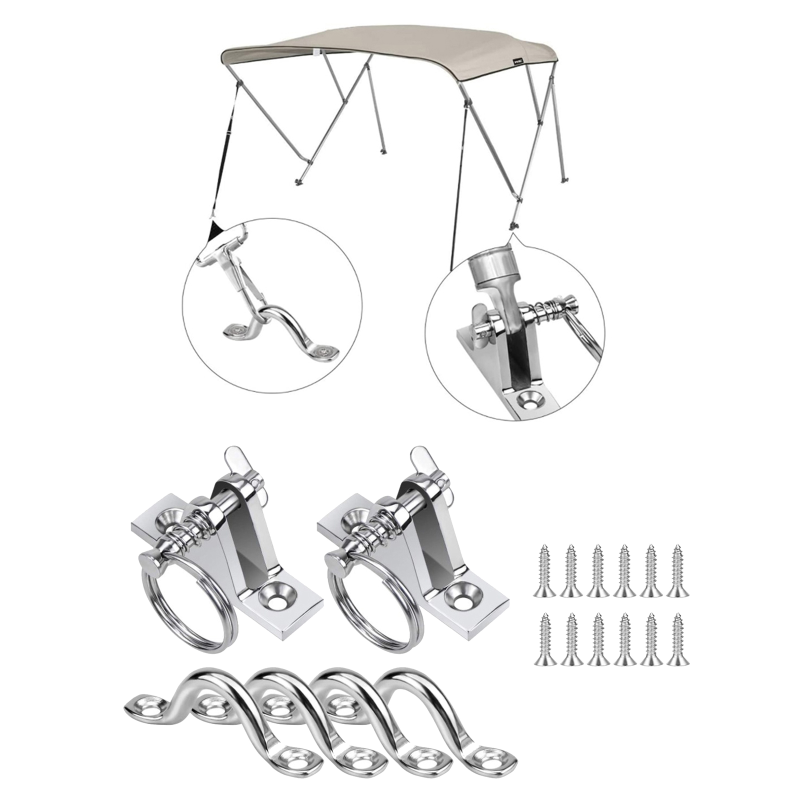 SS316 Bimini Boat Top Deck Hinge Mount w/4Pcs 3/8 Inch Pad Eye Straps Quick Release Pin Kayak Hardware Sets