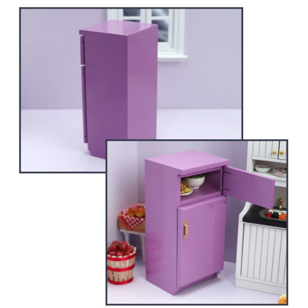 Purple 1/12 Miniature Wooden Fridge Dollhouse Accessory Kitchen Furniture