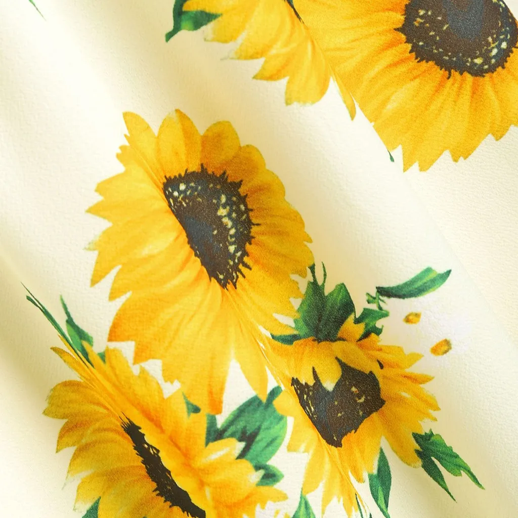 Women Slash Neck Sleeveless Draped Summer Sunflower Print Strap Mini Dress W