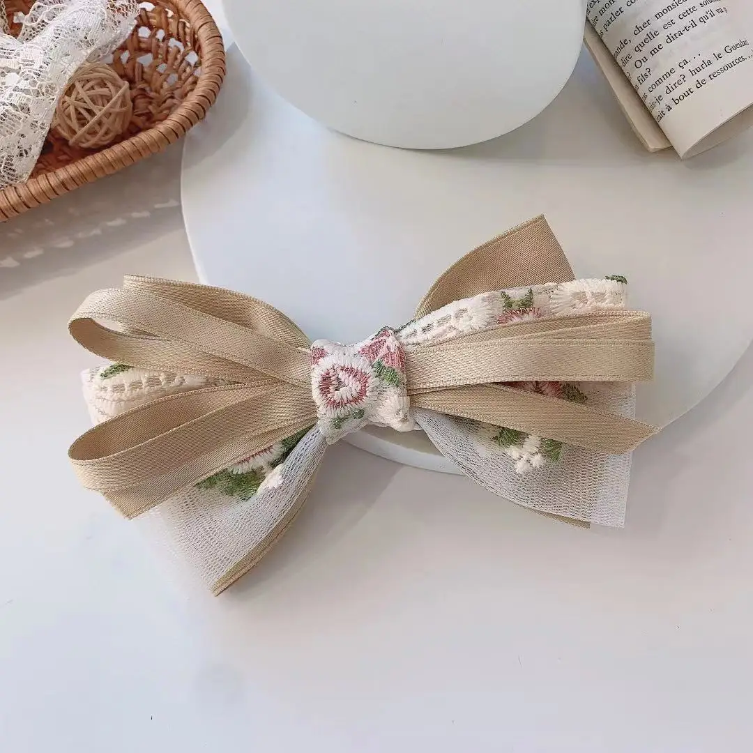 Korean Ribbon Bow Spring Barrette Hair Clips Embroidery Flower Hairpins Fabric Hair Bows Hoop Daily Casual Hair Accessories Gift crocodile hair clips