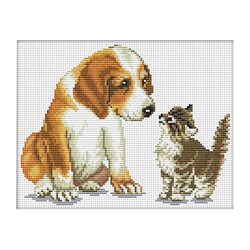 Stamped Cross Stitch Kits With Printed Pattern - Dog and Cat, for Embroidery Art Cross-Stitching Lover 11CT 35x29cm