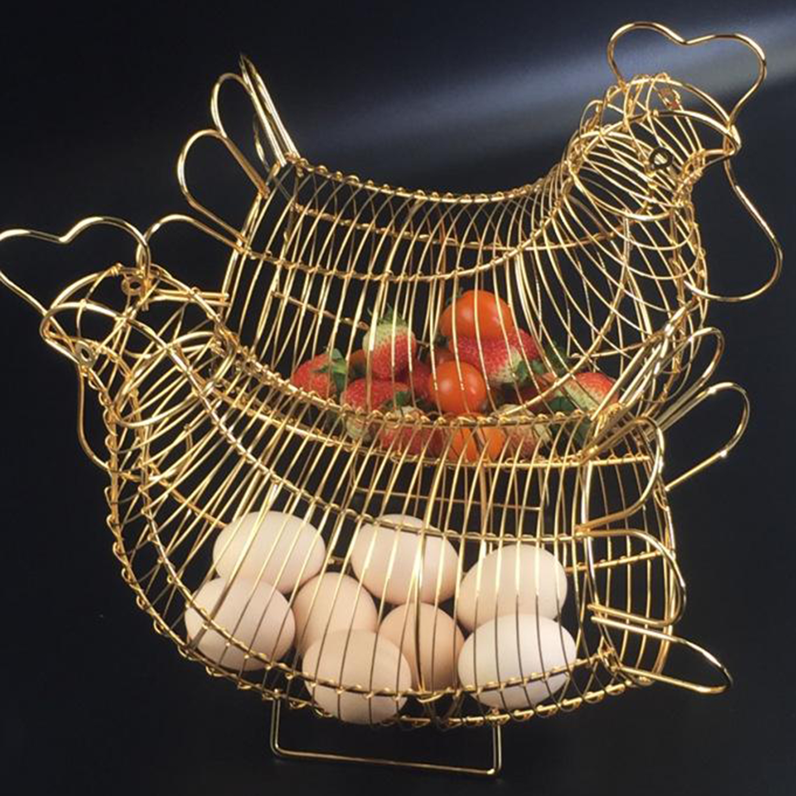 Black Chicken Hen Eggs Storage Basket Wire Art Easter Party Decor Vintage Vegetables Spread Mesh Onions Potatoes Stand