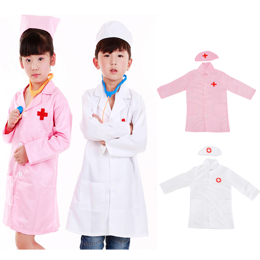 Unisex Kids Boys Girls Doctor Surgeon Halloween Cosplay Dress up Coat with Cap Nurse Play Tools Set Outfits
