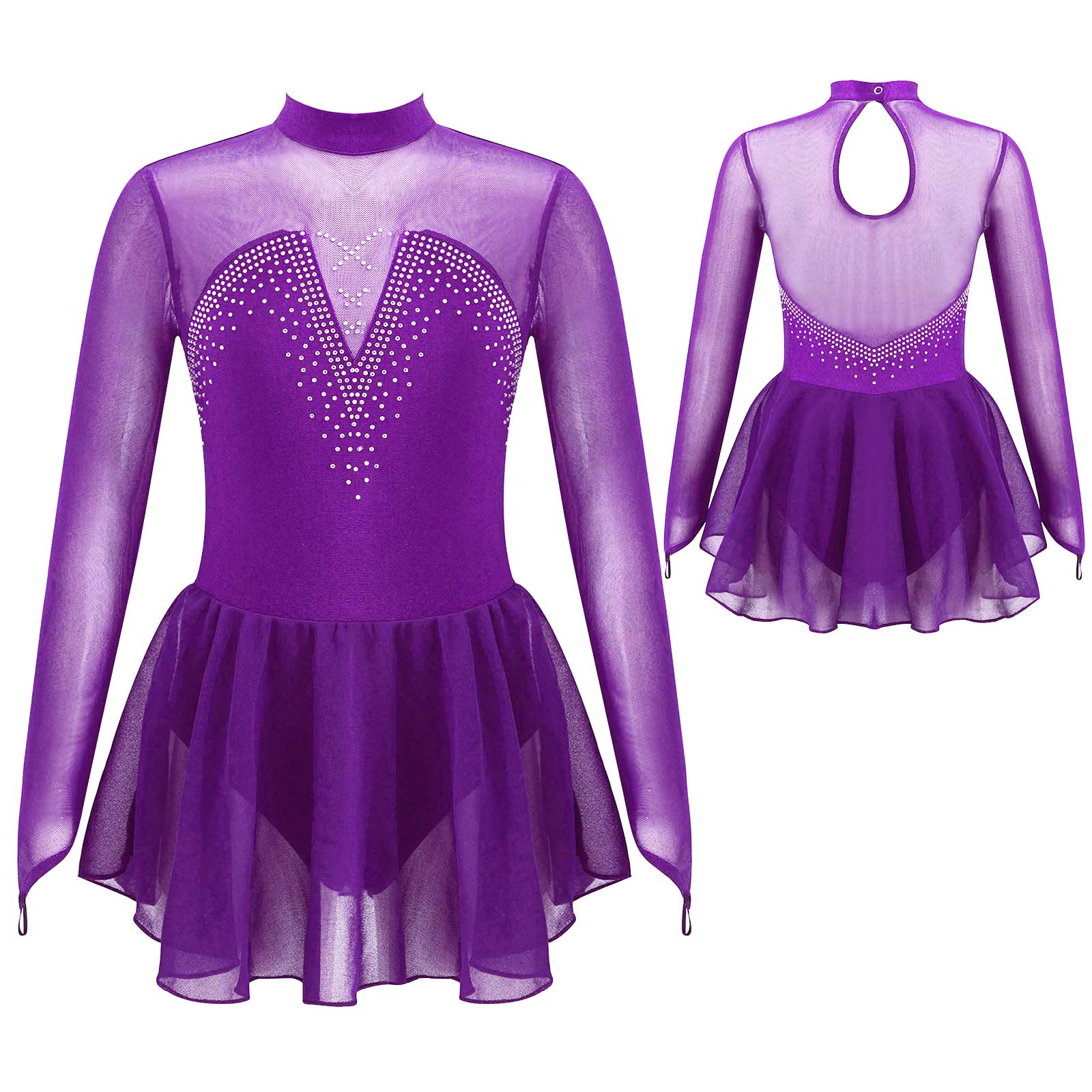 Kinder Mädchen Eiskunstlauf Kleid Moderne Lyrical Dance Ballett Gymnastik Kostüm Langarm Sheer Mesh Strass Trikot Tutu – Detail 4